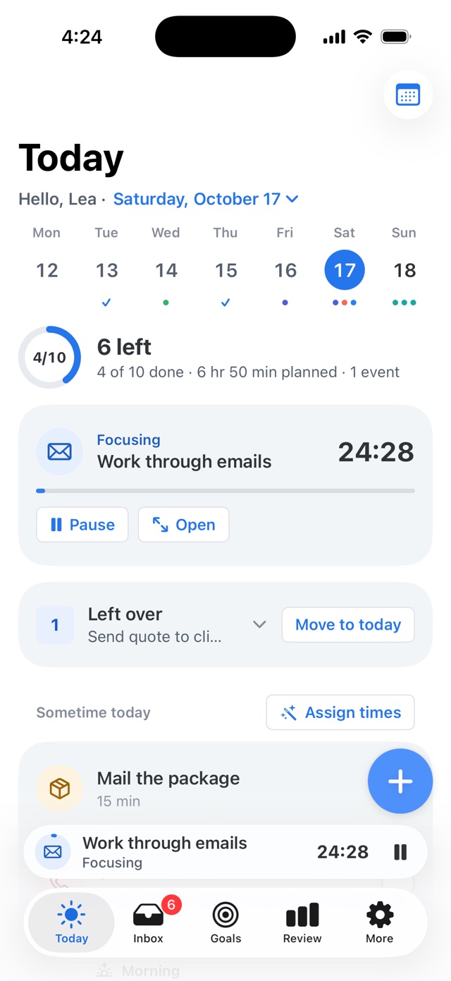 Today in Todoly: the week bar, “6 left”, the running focus timer and tasks without a time