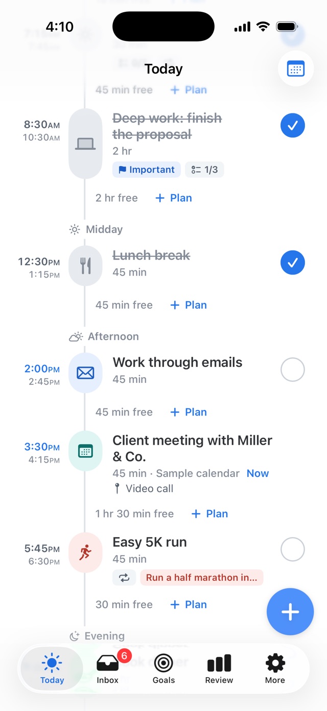 The timeline in the afternoon: “Work through emails”, a client meeting marked “Now” and free gaps for planning